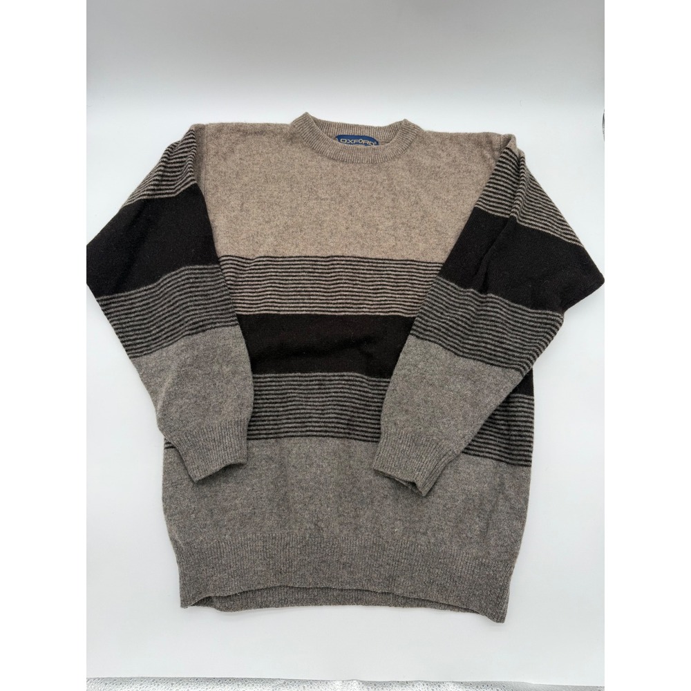 Oxford Mens 100% Lambswool Striped Crewneck Sweater Tan Brown Grey Size 42